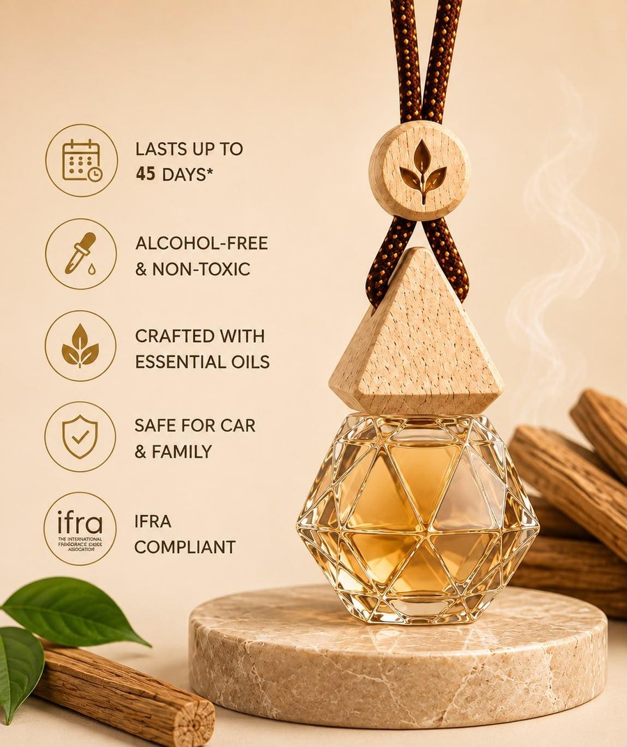 SAFAR Sandalwood features: lasts up to 45 days, alcohol-free, IFRA compliant